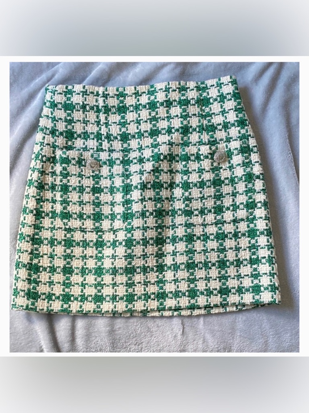 Zara Green and Cream Tweed Houndstooth Mini Skirt